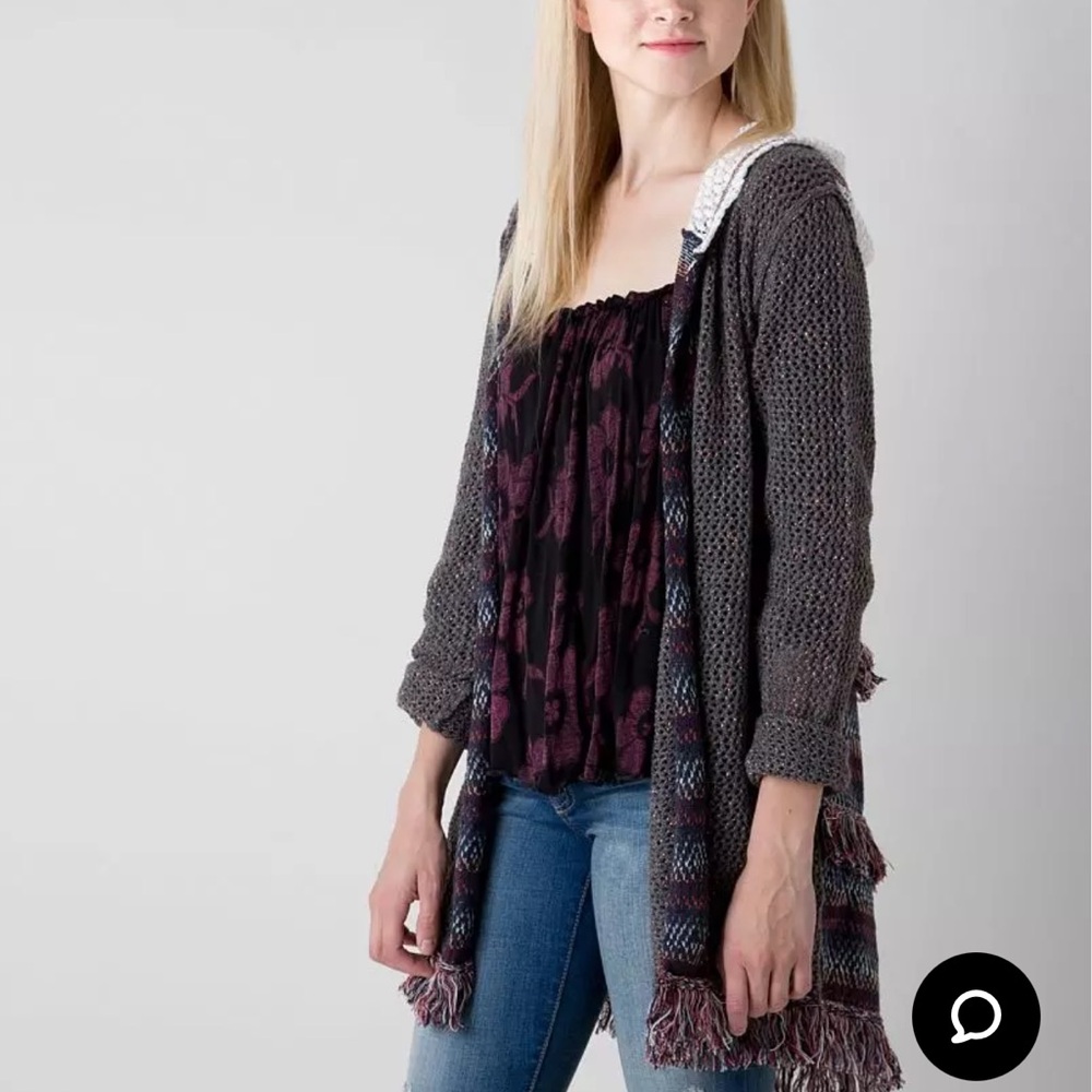 Gimmicks by BKE Gray Multicolor Lace Fringe Open Cardigan Women’s Sz Medium